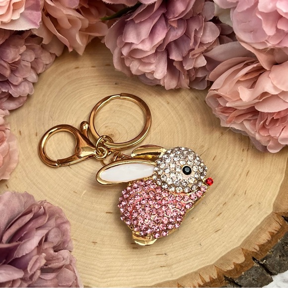 Pale Pink and Silver Crystal Bunny Rabbit Keychain Charm - Picture 7 of 12